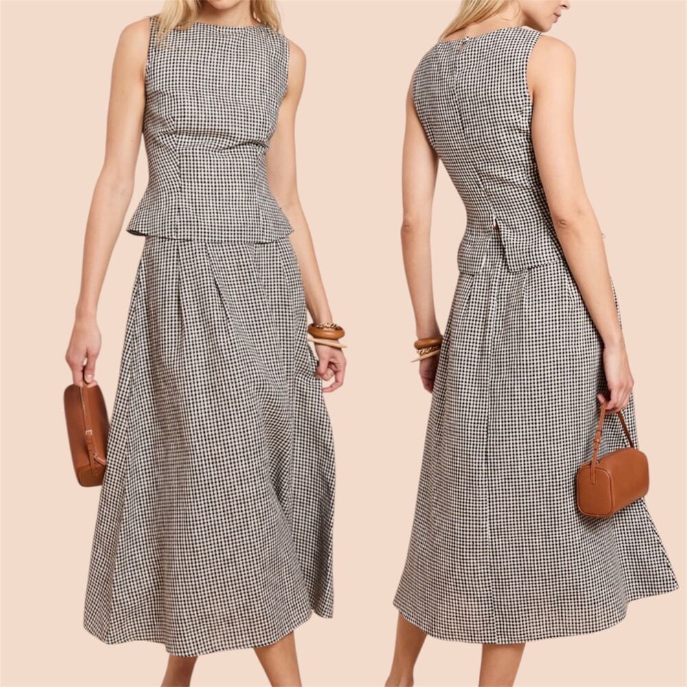 Few Moda Aveline Linen Set Black Gingham 0 XS Peplum Top Maxi Skirt Cottagecore